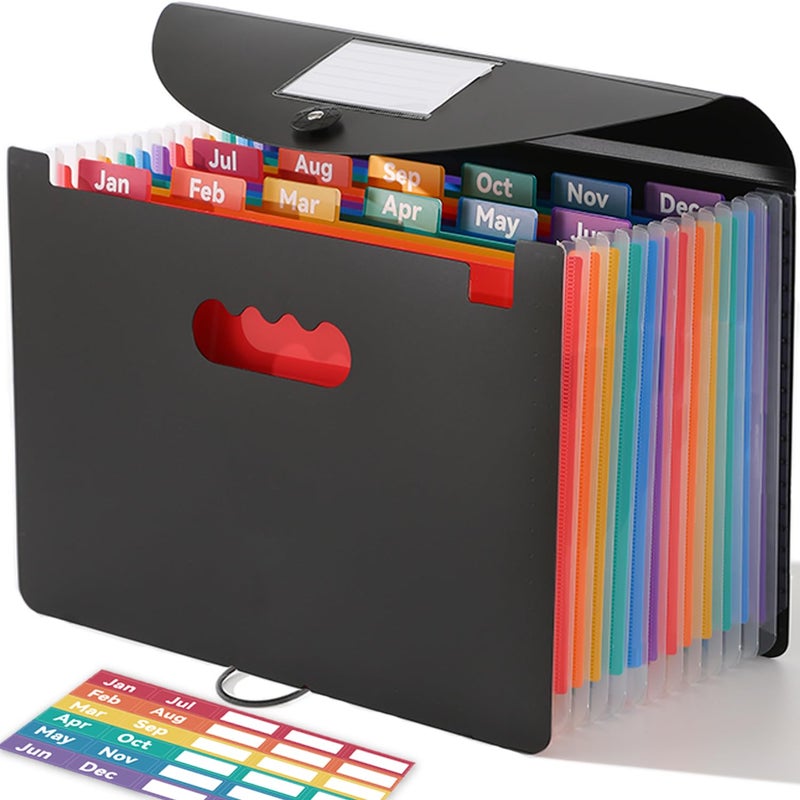 SortRax Accordion File Organizer 12 Pockets, Monthly Bill Receipt Tax Organizer, Expanding File Folders with Larger Bright Tabs, Fits Letter/A4 Size - Black - Image 1