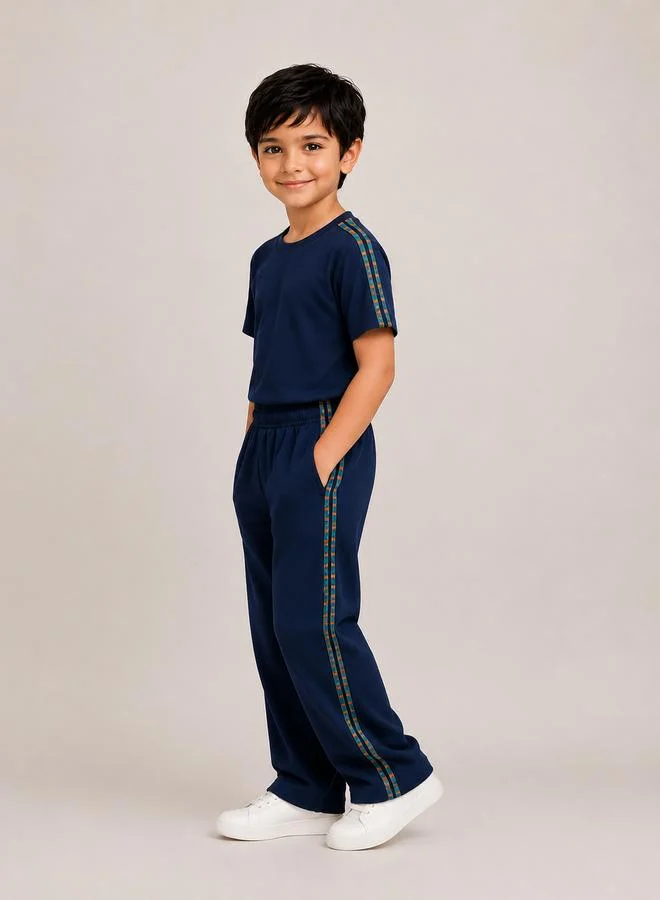 Take Two Unisex Blue Cotton Co-ord Set with Side Stripe - T-Shirt and Wide-Leg Joggers By Gravt