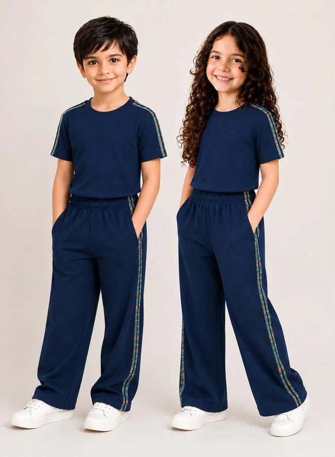 Take Two Unisex Blue Cotton Co-ord Set with Side Stripe - T-Shirt and Wide-Leg Joggers By Gravt