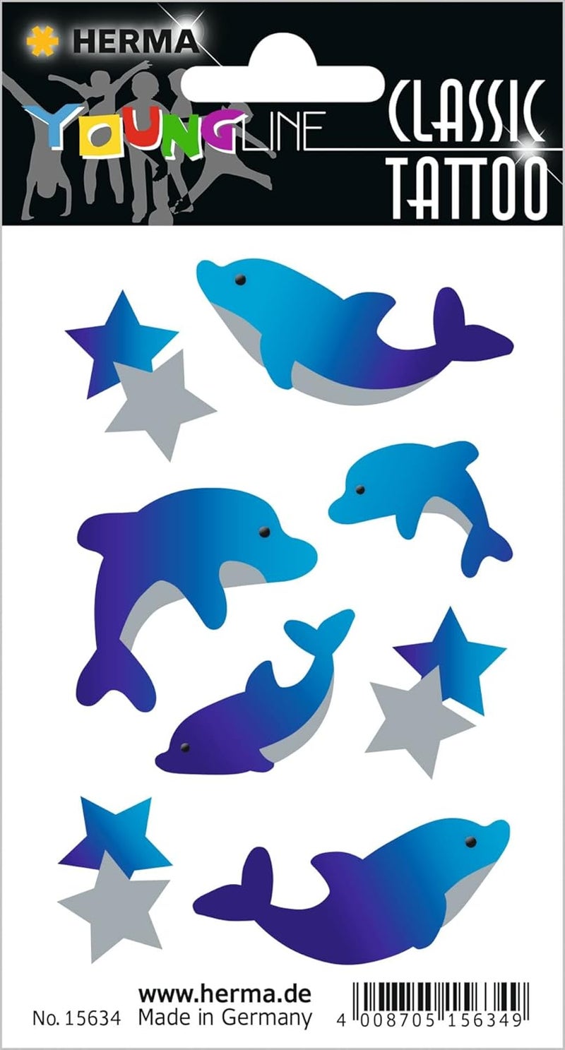 HERMA 15634 Temporary Tattoos Dolphins, Pack of 8, Adhesive Tattoos for Sticking, Fake Tattoos Stickers with Dolphins Stars Motif, Children's Tattoos Sticker for Birthday, Carnival, Children, Adults Cost saving design picks - Image 1