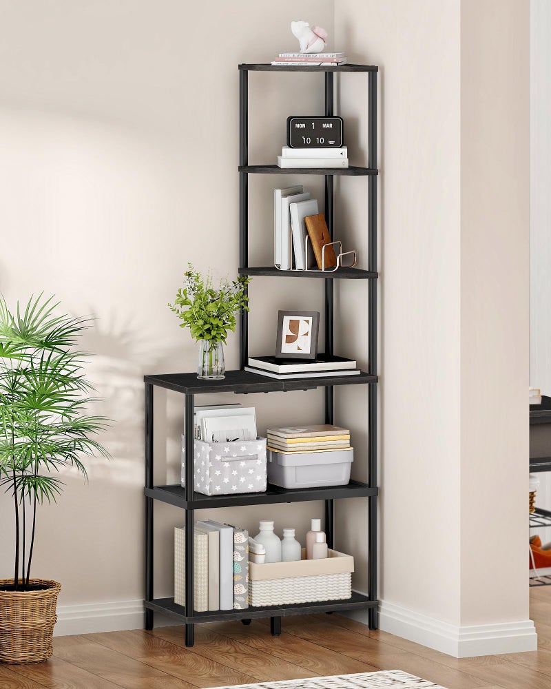 CHOEZON 6-Tier Corner Shelf, Industrial Corner Bookshelf with Desk Top, Diamond-Shaped Storage Shelves, Display Stand for Small Spaces, Living Room, Home Office, Foyer, Rustic Brown and Black TCJ70BF - Image 1