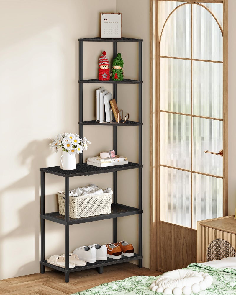 CHOEZON 6-Tier Corner Shelf, Industrial Corner Bookshelf with Desk Top, Diamond-Shaped Storage Shelves, Display Stand for Small Spaces, Living Room, Home Office, Foyer, Rustic Brown and Black TCJ70BF - Image 5