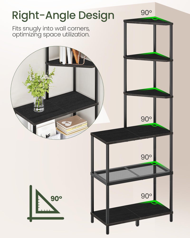 CHOEZON 6-Tier Corner Shelf, Industrial Corner Bookshelf with Desk Top, Diamond-Shaped Storage Shelves, Display Stand for Small Spaces, Living Room, Home Office, Foyer, Rustic Brown and Black TCJ70BF - Image 2