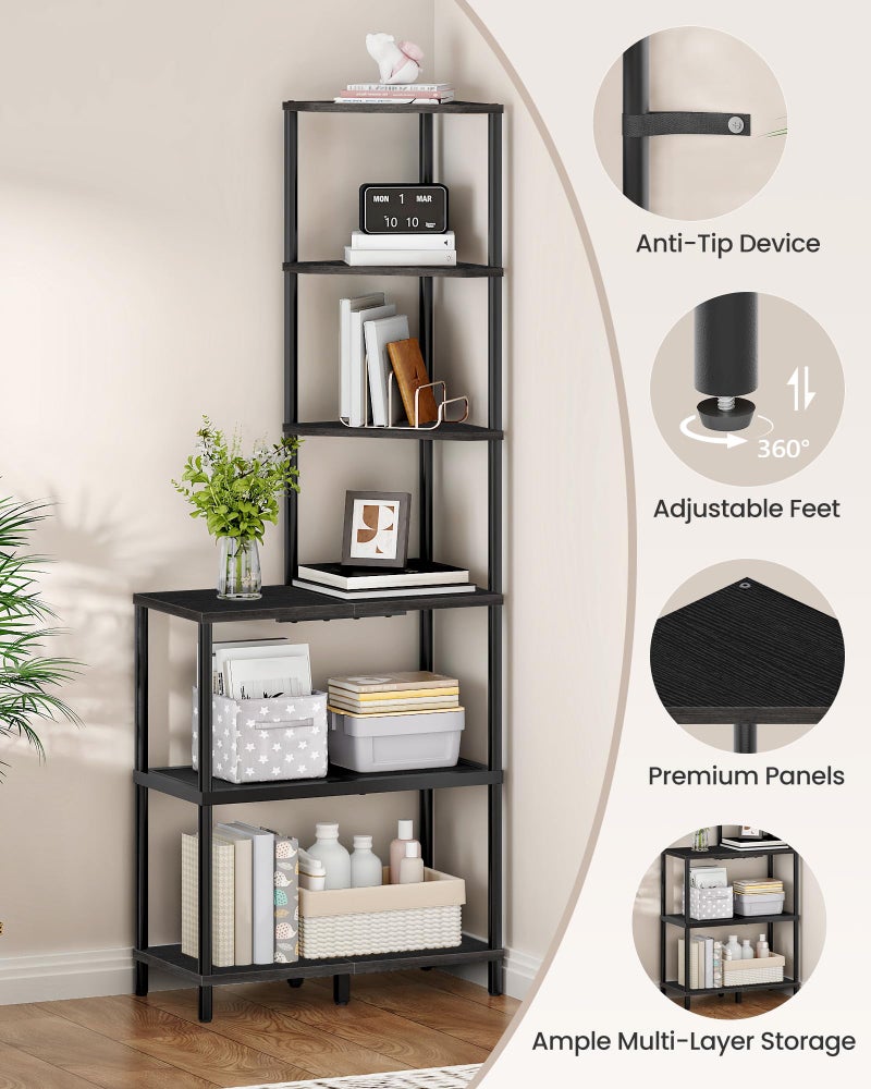 CHOEZON 6-Tier Corner Shelf, Industrial Corner Bookshelf with Desk Top, Diamond-Shaped Storage Shelves, Display Stand for Small Spaces, Living Room, Home Office, Foyer, Rustic Brown and Black TCJ70BF - Image 4