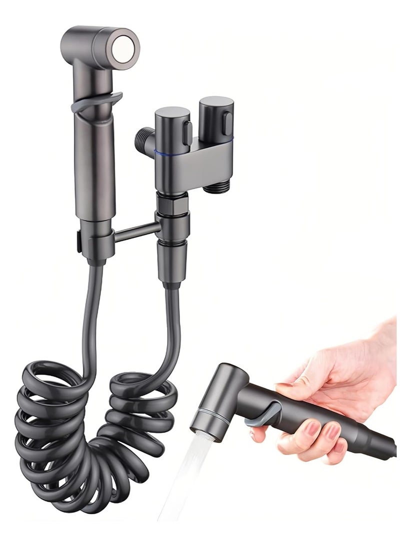 Handheld water spray gun for toilets, dual control valves for 1 inlet and 2 outlets with 78-inch telescopic hose - dual angle control valves, toilet faucet sprayer kit, toilet cleaning water gun - Image 1