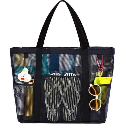 Fammart Mesh Beach Bag with Zipper for Women Large Beach Tote Sandproof Toys Pool Swim Bag Travel Vacation Cruise Essentials - Image 1