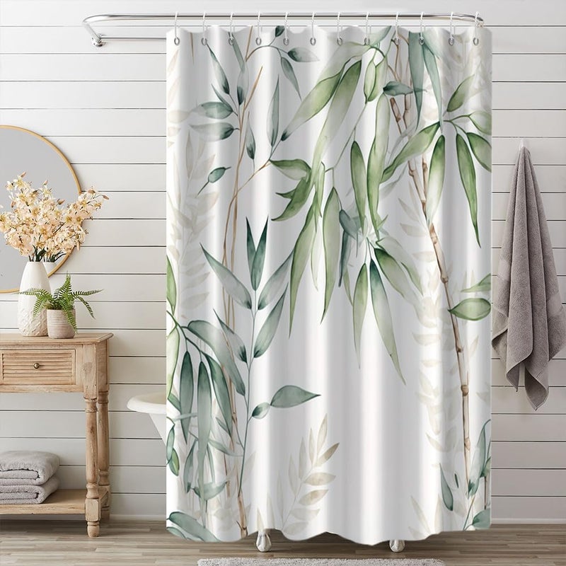 Ruelvth Green Bamboo Shower Curtain  Watercolor Green Leaves Shower Curtain for Bathroom Waterproof Fabric Spring Botanical Shower Curtain Set with Hooks  72x72 Inch - Image 1