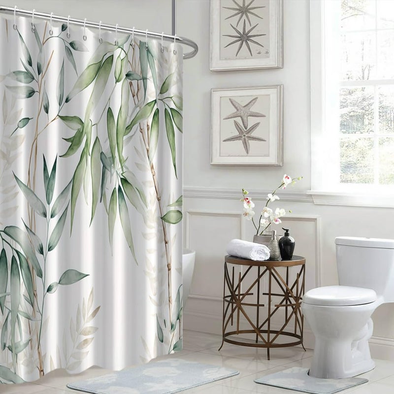 Ruelvth Green Bamboo Shower Curtain  Watercolor Green Leaves Shower Curtain for Bathroom Waterproof Fabric Spring Botanical Shower Curtain Set with Hooks  72x72 Inch - Image 2