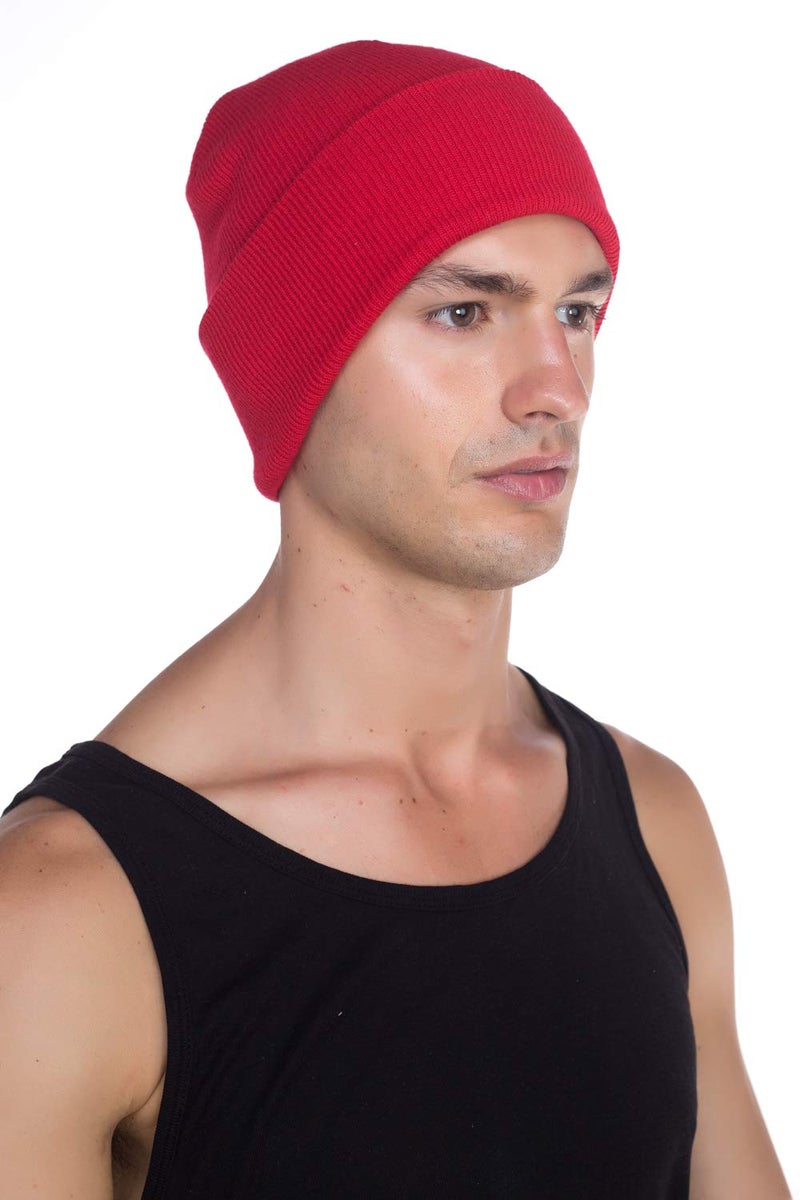 Top Level Beanie Men Women - Unisex Cuffed Plain Skull Knit Hat Cap, Red - Image 2