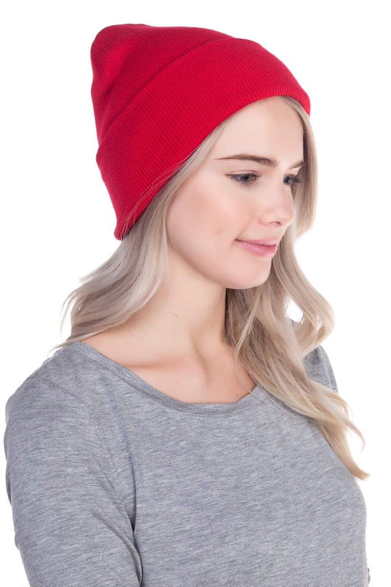Top Level Beanie Men Women - Unisex Cuffed Plain Skull Knit Hat Cap, Red - Image 3