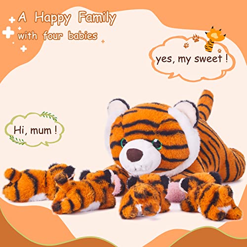 EARTHSOUND Tiger Mom and Baby Stuffed Animal Mommy Plush Toy16Cute Small Mama Soft Toys with Mini Little BabiesFamily Set Gifts for Kid - Image 5