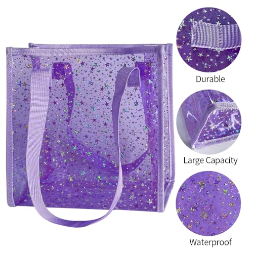 TotePrint Transparent Tote Bag with Stars Pattern Print, Large Capacity Shopping Bag, Reusable Bag 10 x 9.8×3.9 inches (Purple with stars) - Image 4