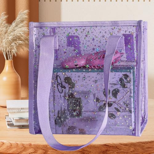 TotePrint Transparent Tote Bag with Stars Pattern Print, Large Capacity Shopping Bag, Reusable Bag 10 x 9.8×3.9 inches (Purple with stars) - Image 2