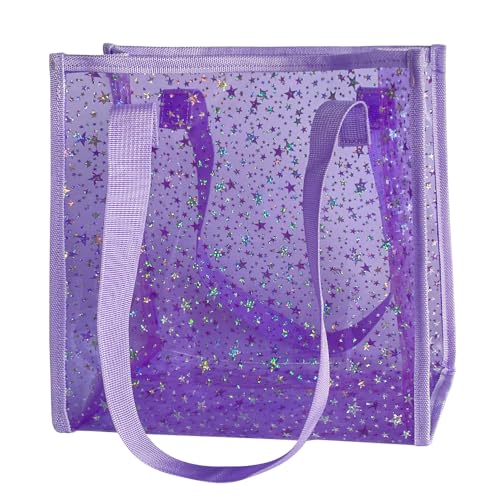 TotePrint Transparent Tote Bag with Stars Pattern Print, Large Capacity Shopping Bag, Reusable Bag 10 x 9.8×3.9 inches (Purple with stars) - Image 1