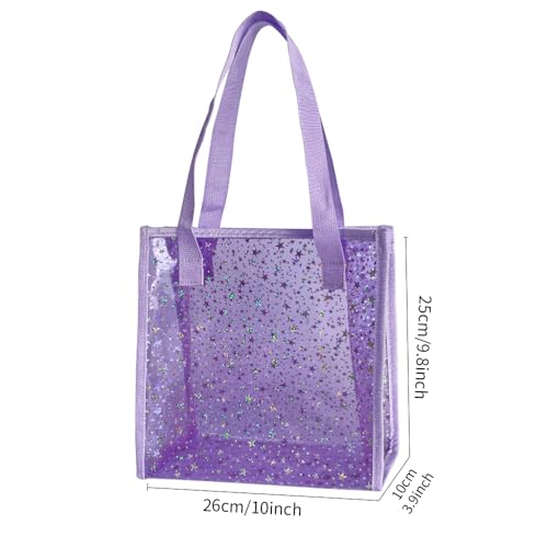 TotePrint Transparent Tote Bag with Stars Pattern Print, Large Capacity Shopping Bag, Reusable Bag 10 x 9.8×3.9 inches (Purple with stars) - Image 5