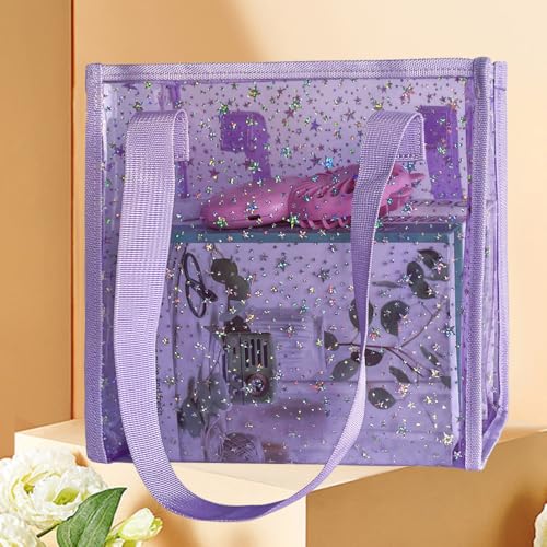TotePrint Transparent Tote Bag with Stars Pattern Print, Large Capacity Shopping Bag, Reusable Bag 10 x 9.8×3.9 inches (Purple with stars) - Image 3