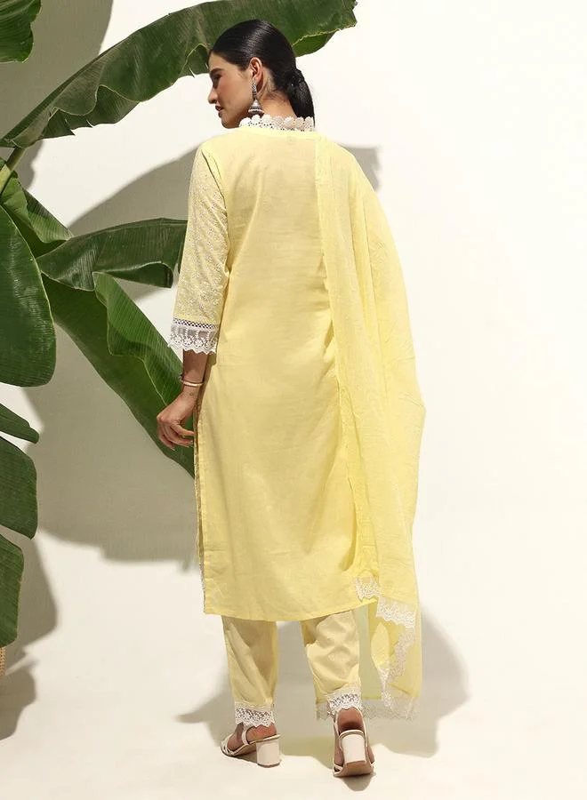 ISHIN Women's Yellow 100% Cotton Printed Tunic Top With Ankle Palazzo Straight 3 Peice Kurta Set