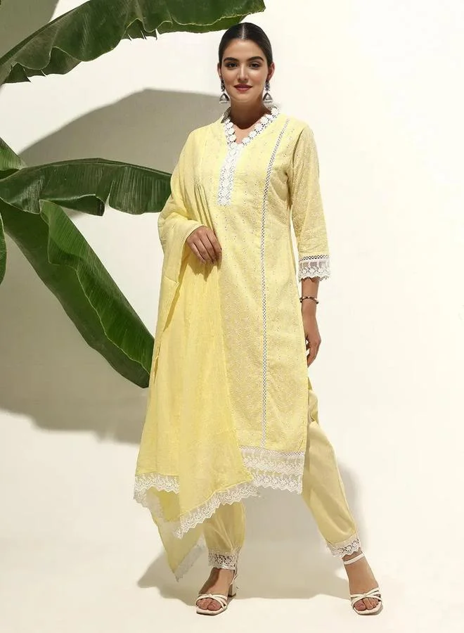 ISHIN Women's Yellow 100% Cotton Printed Tunic Top With Ankle Palazzo Straight 3 Peice Kurta Set