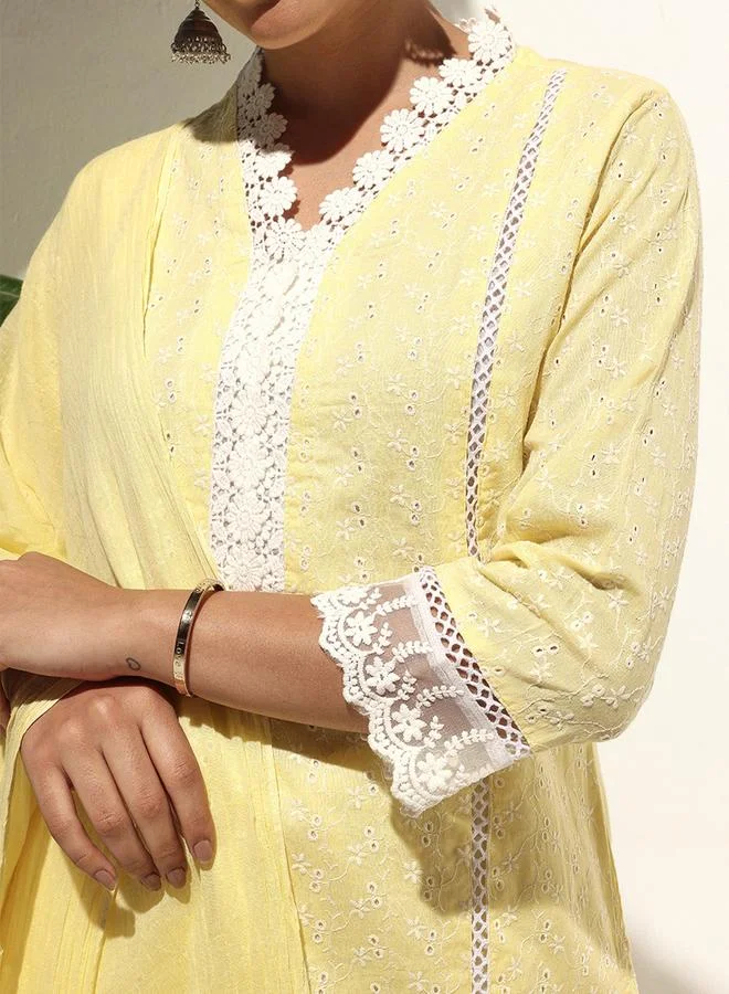 ISHIN Women's Yellow 100% Cotton Printed Tunic Top With Ankle Palazzo Straight 3 Peice Kurta Set