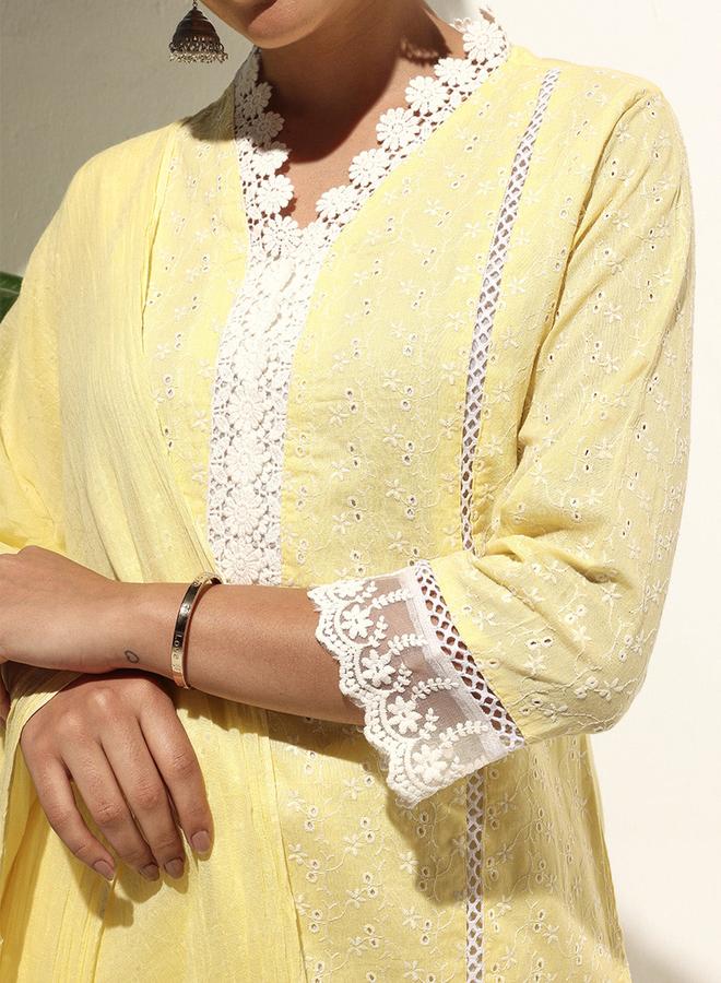 ISHIN Women's Yellow 100% Cotton Printed Tunic Top With Ankle Palazzo Straight 3 Peice Kurta Set - Image 3