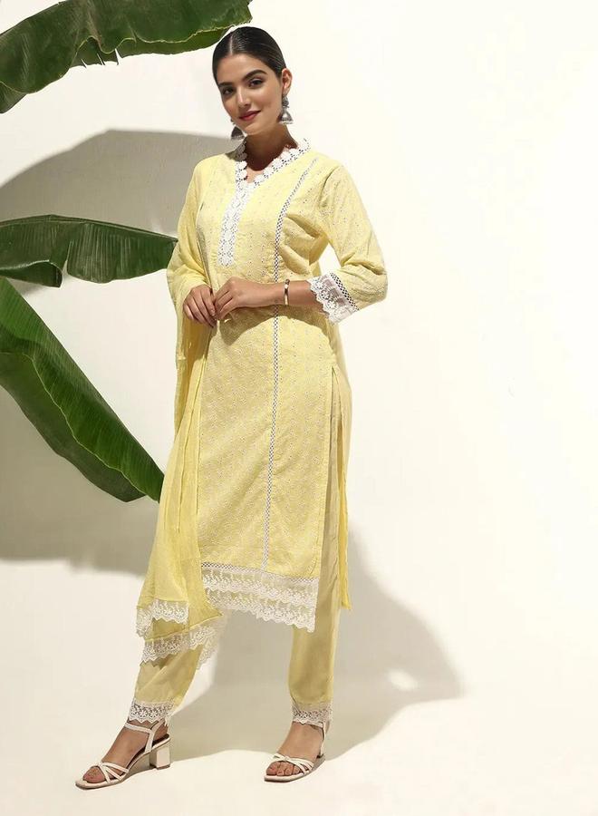 ISHIN Women's Yellow 100% Cotton Printed Tunic Top With Ankle Palazzo Straight 3 Peice Kurta Set - Image 2