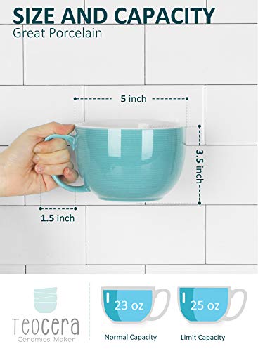 Teocera 24 oz Soup Bowls with Handles, Porcelain Large Coffee Mug Set, Jumbo Mugs, Soup Bowls Mugs set of 4 for Coffee, Oatmeal, Stew - Striped Design, Turquoise - Image 2