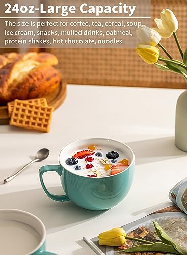 Teocera 24 oz Soup Bowls with Handles, Porcelain Large Coffee Mug Set, Jumbo Mugs, Soup Bowls Mugs set of 4 for Coffee, Oatmeal, Stew - Striped Design, Turquoise - Image 5