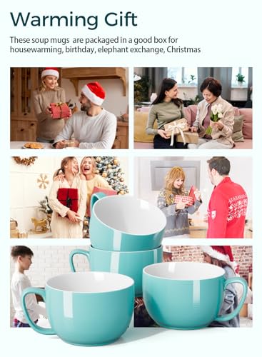 Teocera 24 oz Soup Bowls with Handles, Porcelain Large Coffee Mug Set, Jumbo Mugs, Soup Bowls Mugs set of 4 for Coffee, Oatmeal, Stew - Striped Design, Turquoise - Image 3