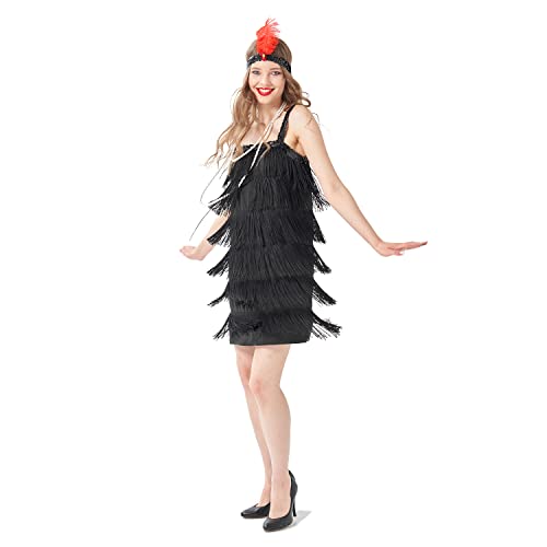 Sincere Party Women's Flapper Costume Gangster Lady Dress,1920s Great Gatsby Flapper Dresses with Pearl Necklace,Feather Headband Sequins Black for Woman S(6-8) - Image 5