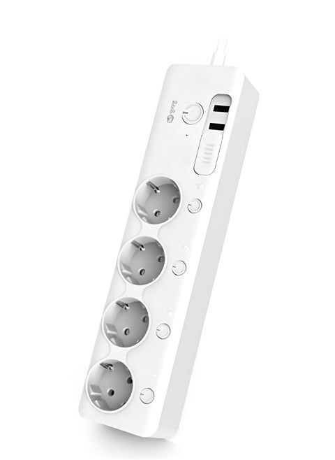 مشترك طاقة ذكي MTTL-W01 يدعم تقنيه  Wi Fiمع 4 منافذ EU + 2 منافذ USB، تحكم عبر الهاتف والصوت، وحماية من الحمل الزائد-ابيض
