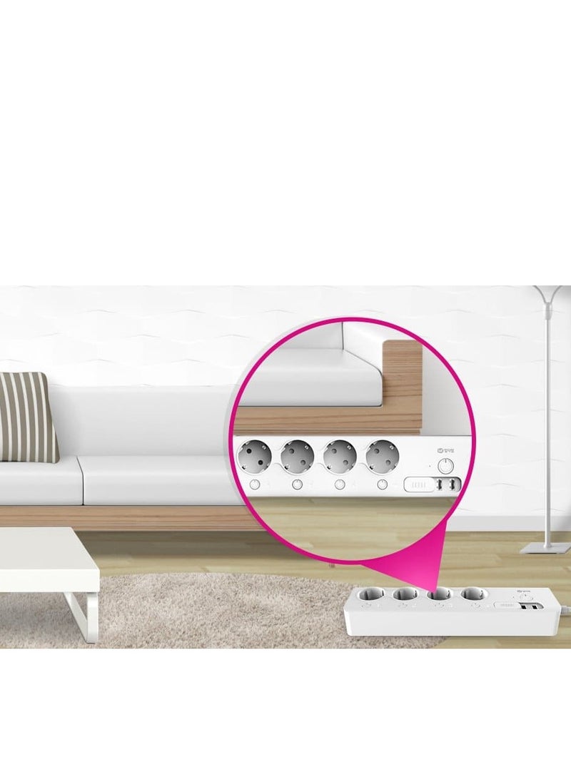 مشترك طاقة ذكي MTTL-W01 يدعم تقنيه  Wi Fiمع 4 منافذ EU + 2 منافذ USB، تحكم عبر الهاتف والصوت، وحماية من الحمل الزائد-ابيض