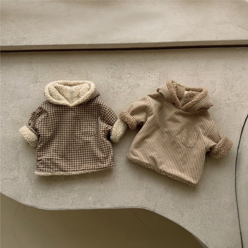 Baby'S Fleece-Lined Plaid Double-Sided Hooded Jacket Baby'S Wear Boys' Girls' Children'S Outer Wearing Warm Top - Image 2