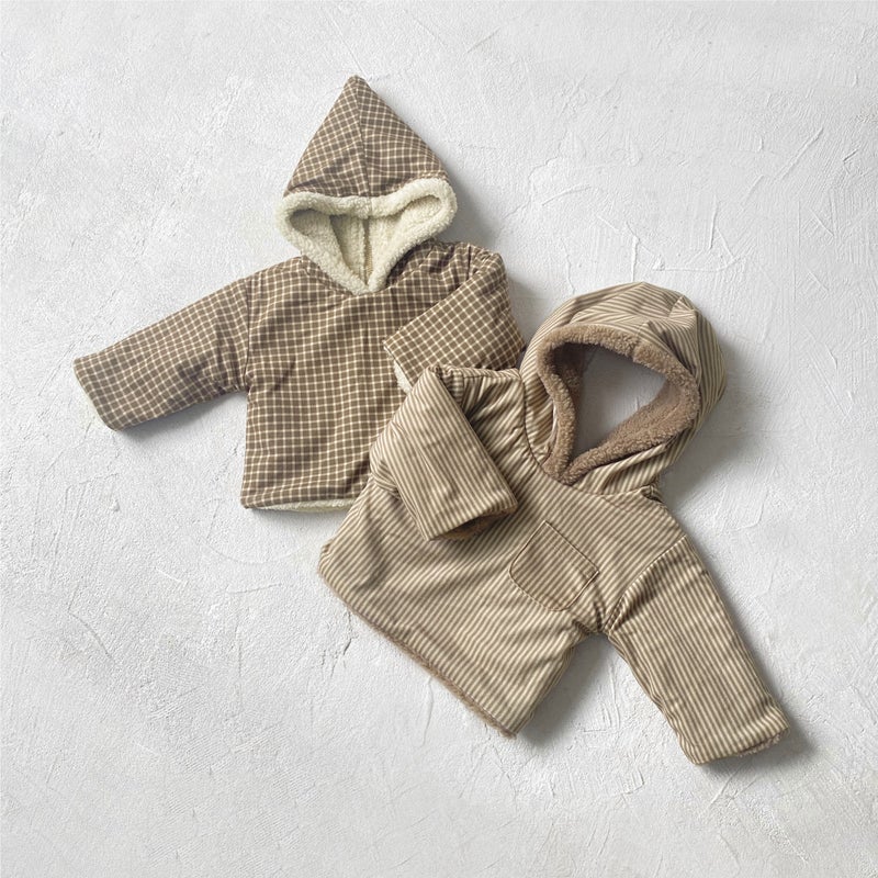 Baby'S Fleece-Lined Plaid Double-Sided Hooded Jacket Baby'S Wear Boys' Girls' Children'S Outer Wearing Warm Top - Image 4
