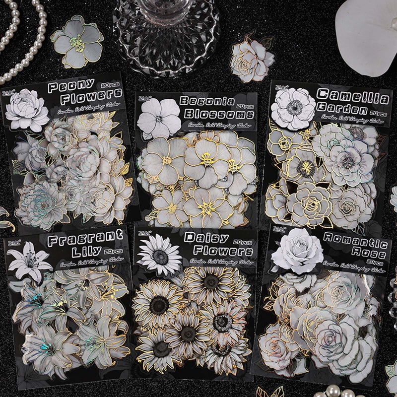 PRSTINCOL 120PCS Floral Stickers for Journaling with Holographic Foil, Retro Background Decorative Stickers PET Material for Scrapbooking, Planners, Diaries, 6 Styles Vintage Flower Design - Image 2