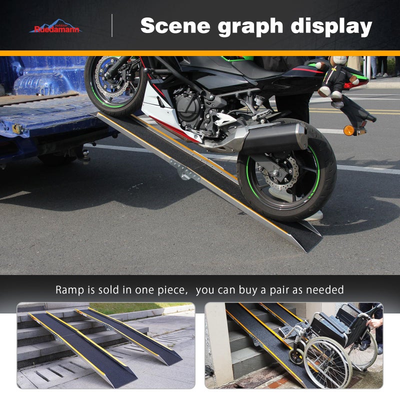 Ruedamann 71" Aluminum Loading Ramps for Pickup Trucks Trailers, Folding Motorcycle Ramp, 600Lbs Capacity, Snowmobile Ramp, ATV Truck Ramps for Dirt Bike, Tractor, Tailgate Bed, Usable Width 8.5", 1PC - Image 2