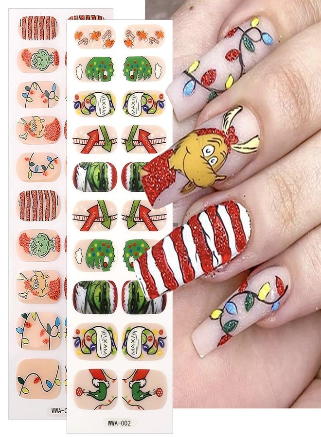 2 Sheets Christmas Gel Nail Stickers Elk Gel Nail Polish Red Strips with Xmas Trees Self-Adhesive Colorful Lights Design Cute Winter Stickers Full Wrap Gel Nail Strips Stickers for Acrylic Nail DIY - Image 1