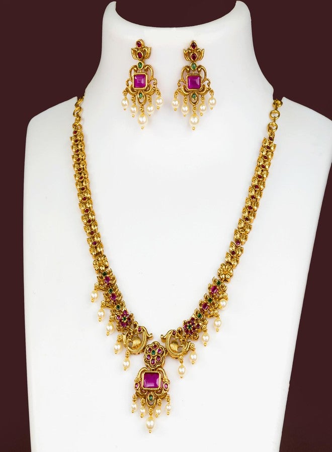 Sasitrends Enchanting Gold Plated Peacock and Floral Pearl Necklace Jewellery Set for Women & Girls - Image 4