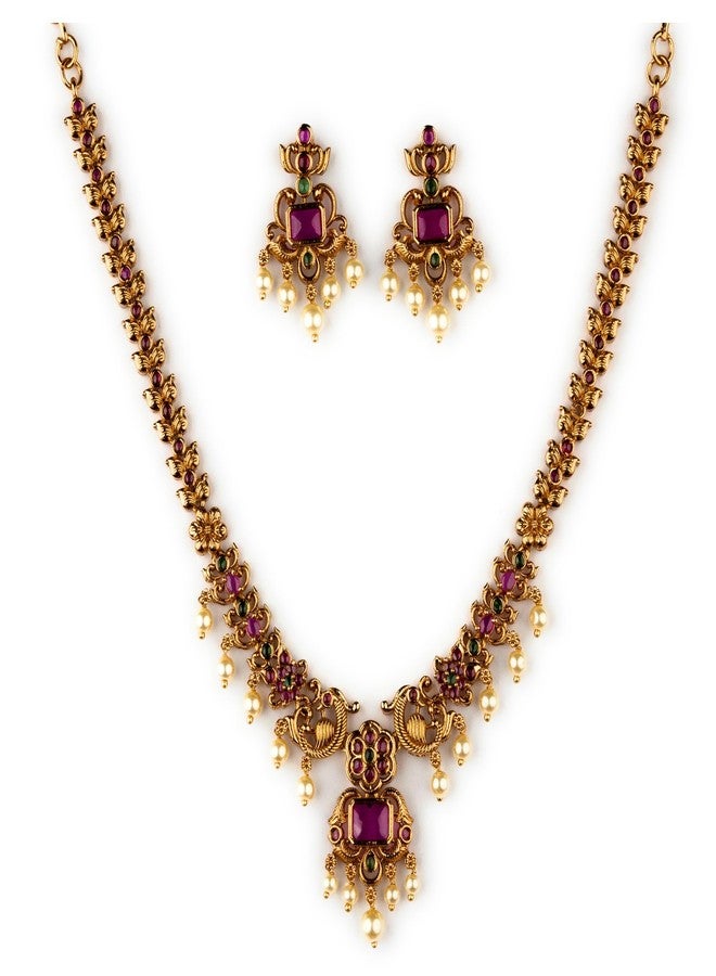 Sasitrends Enchanting Gold Plated Peacock and Floral Pearl Necklace Jewellery Set for Women & Girls - Image 1