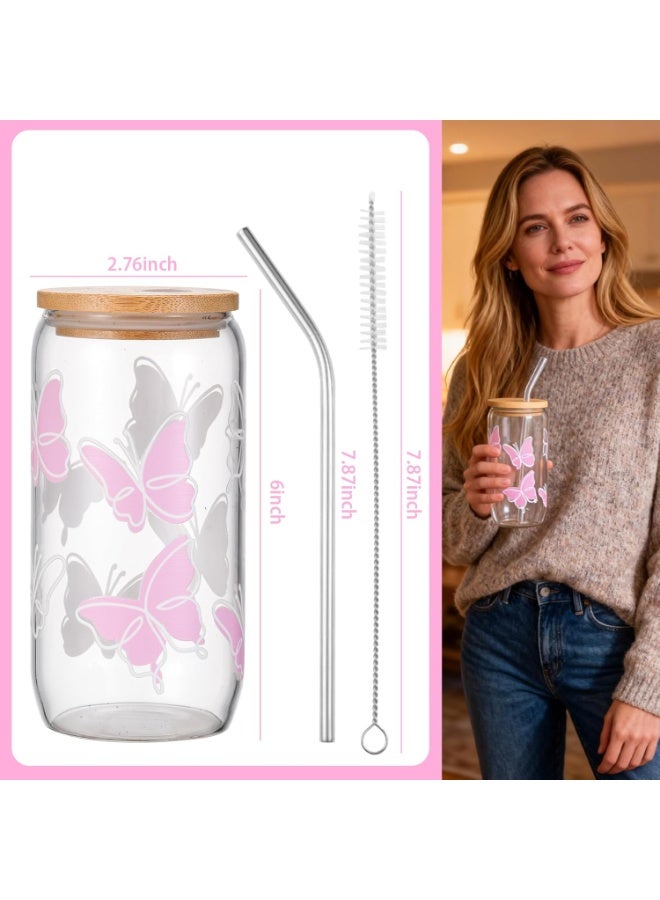 olayks Cute Pink Butterfly Glass Cup with Lid, Glass Straw, Stainless Steel Straw and Cleaning Brush, 16oz Tumblers, for Smoothie, Coffee, Juice, Water, Tea, Gifts for Girls, Women and Friends - Image 3