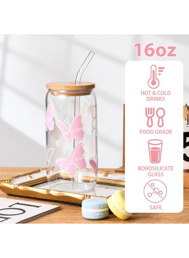 olayks Cute Pink Butterfly Glass Cup with Lid, Glass Straw, Stainless Steel Straw and Cleaning Brush, 16oz Tumblers, for Smoothie, Coffee, Juice, Water, Tea, Gifts for Girls, Women and Friends - Image 4