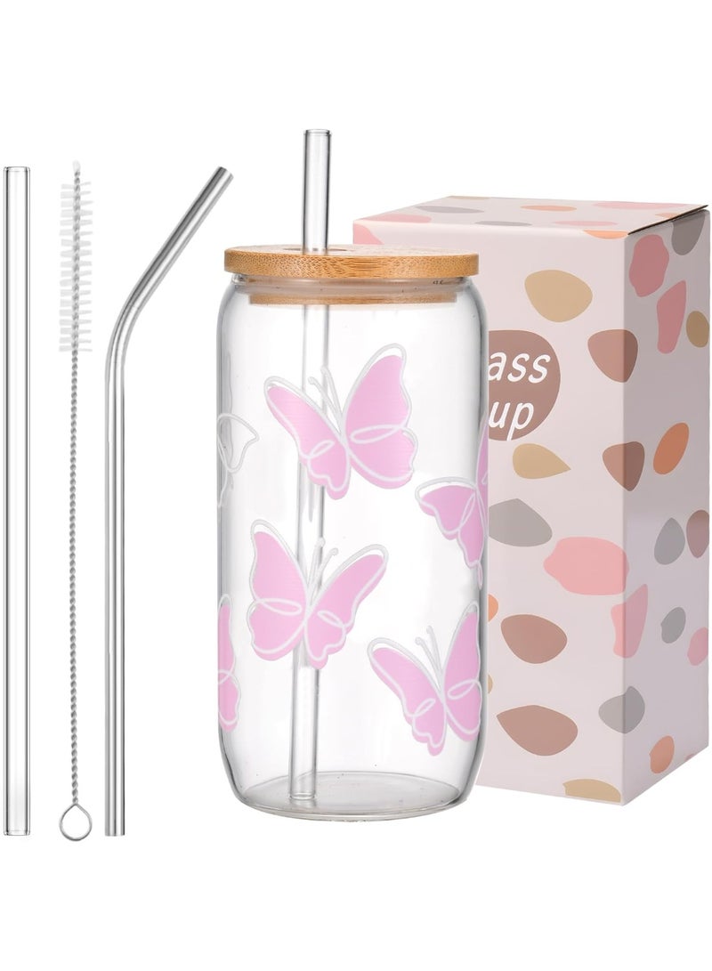 olayks Cute Pink Butterfly Glass Cup with Lid, Glass Straw, Stainless Steel Straw and Cleaning Brush, 16oz Tumblers, for Smoothie, Coffee, Juice, Water, Tea, Gifts for Girls, Women and Friends - Image 1