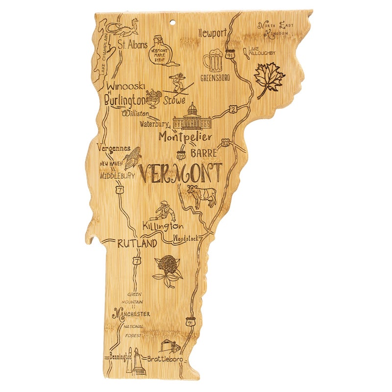 Totally Bamboo Destination Vermont State Shaped Serving and Cutting Board Includes Hang Tie for Wall Display