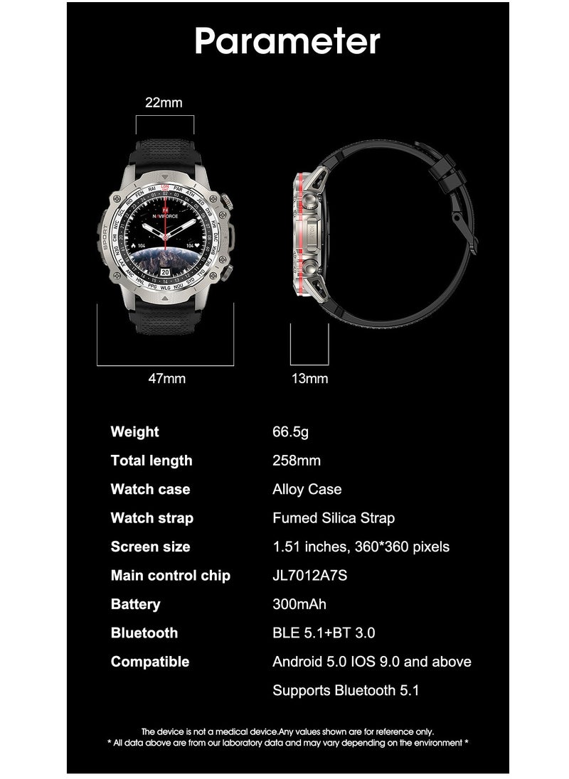 NAVIFORCE - NAVIFORCE NT10 Smart Watch Circular Dial Bluetooth - Black Strap with Silver Dial - Image 1