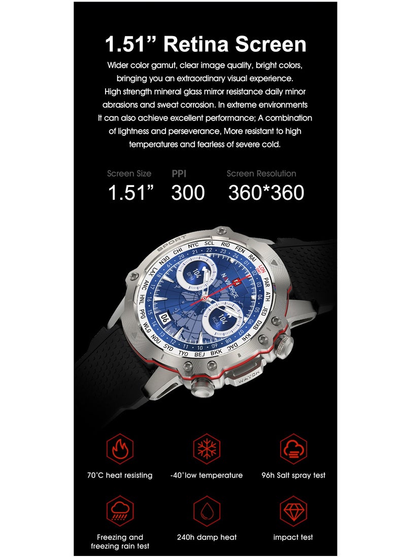 NAVIFORCE - NAVIFORCE NT10 Smart Watch Circular Dial Bluetooth - Black Strap with Silver Dial - Image 1