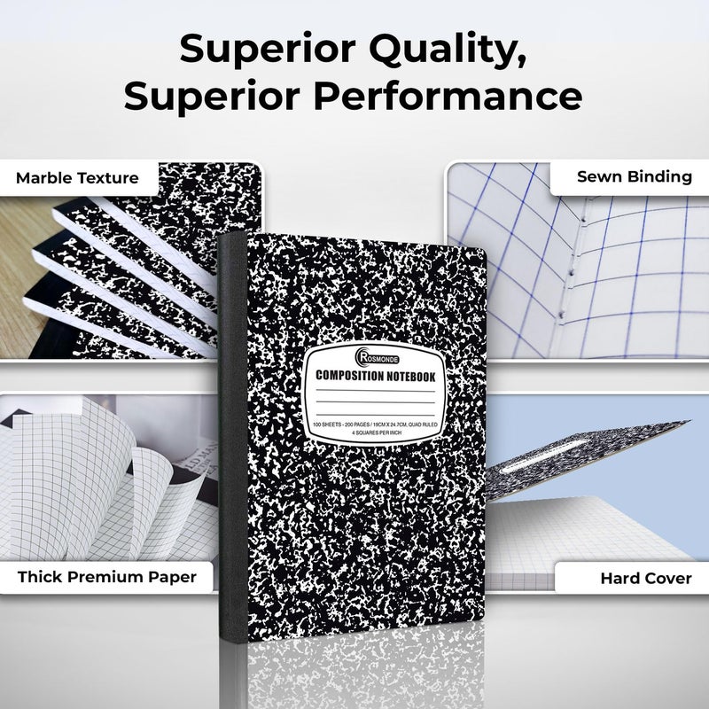 Rosmonde Graph Paper Composition Notebook, 5 Pack, 200 Pages (100 Sheets), Quad Ruled Composition Notebook, Graph Notebooks, 4x4 Grid Composition Notebook, Black Marble, Sewn Hard Cover, 9-3/4 x 7-1/2 - Image 2