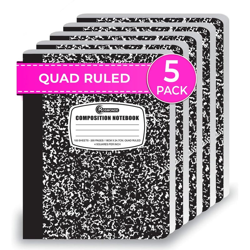 Rosmonde Graph Paper Composition Notebook, 5 Pack, 200 Pages (100 Sheets), Quad Ruled Composition Notebook, Graph Notebooks, 4x4 Grid Composition Notebook, Black Marble, Sewn Hard Cover, 9-3/4 x 7-1/2 - Image 1
