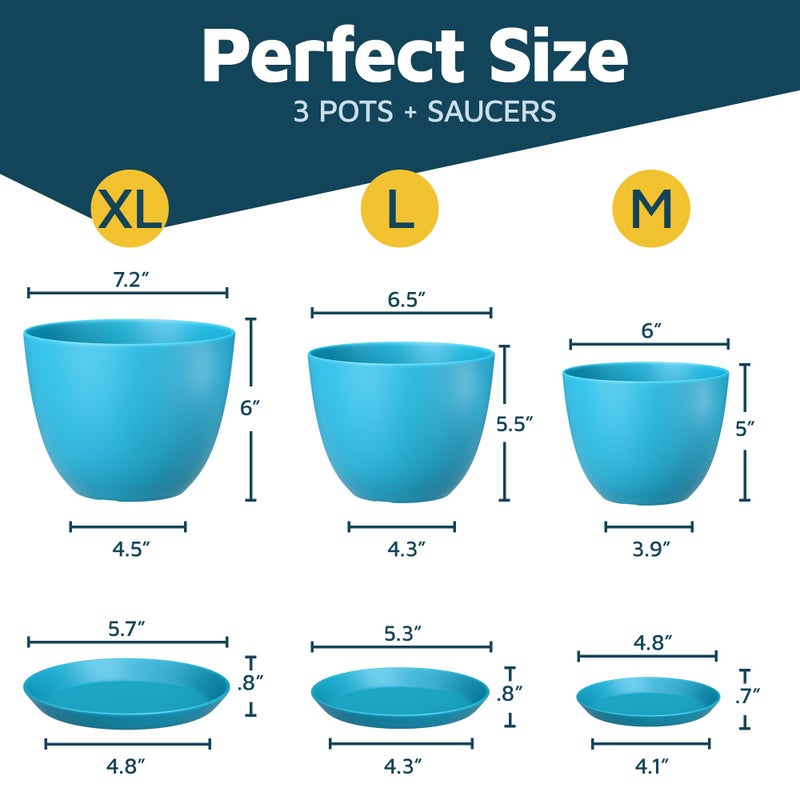 LifeMaster Blue Plant Pots with Drainage Holes & Saucers 3 Pack, Indoor & Outdoor Stackable Space-Saving Planters for Houseplants & Flowers, (7", 6.7", and 6" Inches), Durable & Weatherproof Materials - Image 2
