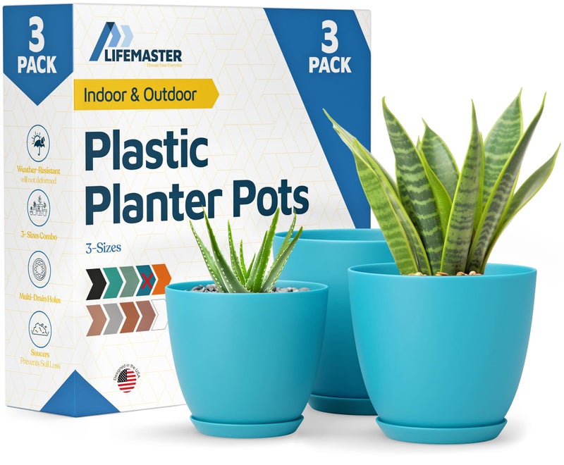 LifeMaster Blue Plant Pots with Drainage Holes & Saucers 3 Pack, Indoor & Outdoor Stackable Space-Saving Planters for Houseplants & Flowers, (7", 6.7", and 6" Inches), Durable & Weatherproof Materials - Image 1