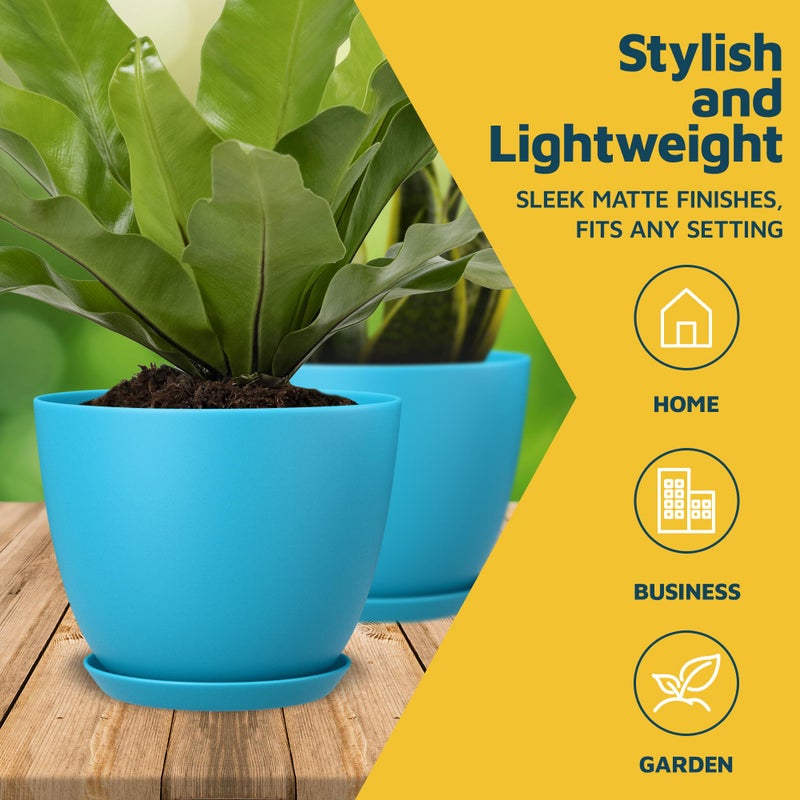 LifeMaster Blue Plant Pots with Drainage Holes & Saucers 3 Pack, Indoor & Outdoor Stackable Space-Saving Planters for Houseplants & Flowers, (7", 6.7", and 6" Inches), Durable & Weatherproof Materials - Image 3