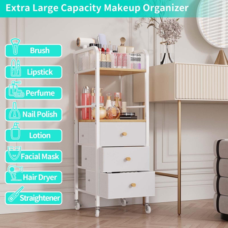 HapiRm Rolling Makeup Cart Organizer - Floor Skincare Make Up Storage with 3 Non-woven Fabric Drawers, Vanity Organizer Cosmetic Display Cases Holder for Skin Care Perfume Nail Polish Brush Hair Tool - Image 4